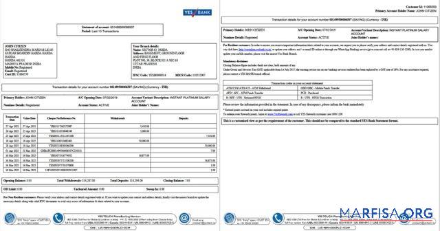 Realistic India Yes bank statement of account word 2 pages real example